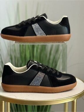 Berness Black Satin Rhinestone Stripe Sneakers with Gum Sole NIB